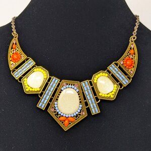 Vintage Bib Necklace Moroccan Boho Tribal Statement Gold Tone Faux Studded Mica
